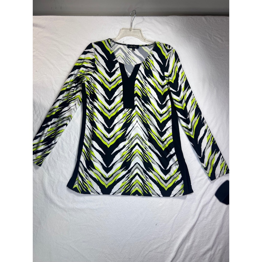 Melissa Paige Neon Yellow Black Chevron Long Sleeve Tunic Top Womens Med. Y2K